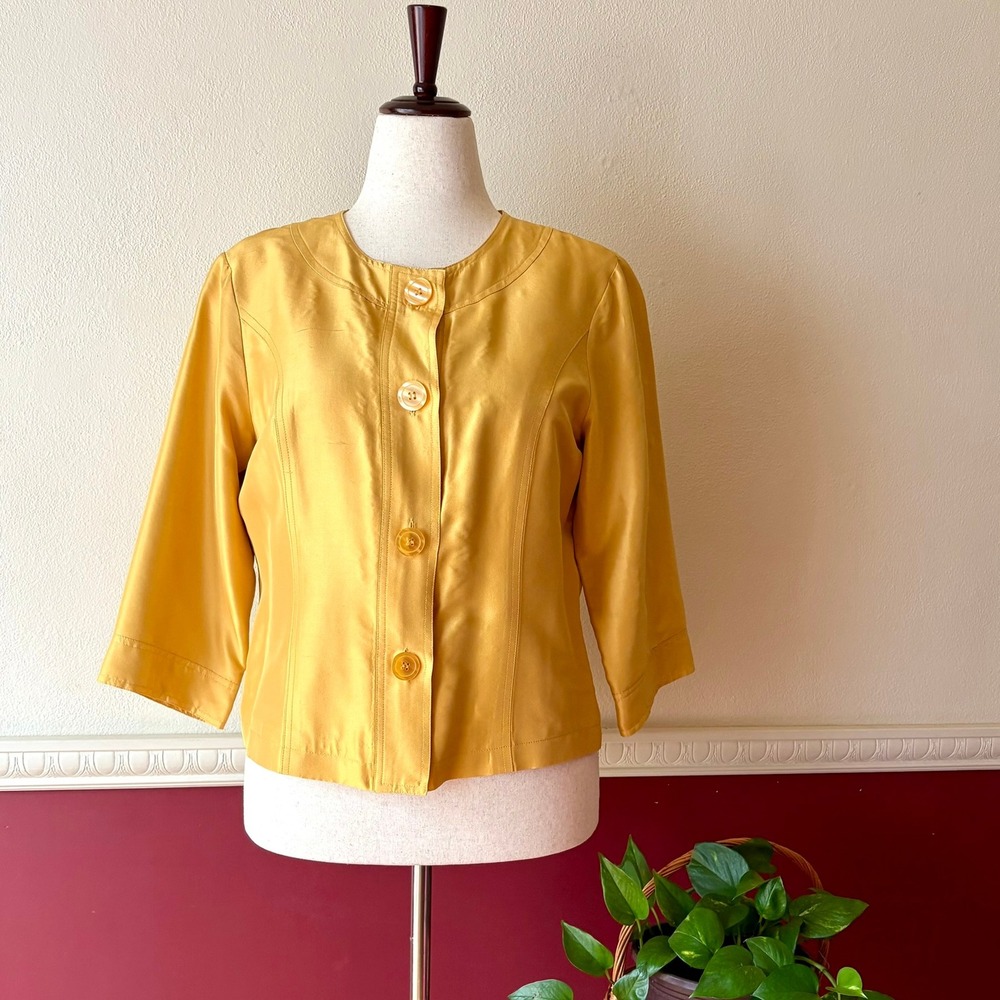 Coldwater Creek Goldenrod Yellow 100% Silk Button Front Jacket 12P‎ Quiet Luxury